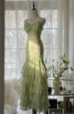 Green Mermaid Vintage Party Dresses Sweetheart Chiffon Beaded Layed Prom Dresses HZ1024