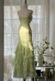 Green Mermaid Vintage Party Dresses Sweetheart Chiffon Beaded Layed Prom Dresses HZ1024