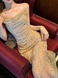 Pink Spaghetti Strap Mermaid Tulle Sequined Prom Dress Birthday Dress HZ1024