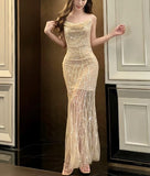 Pink Spaghetti Strap Mermaid Tulle Sequined Prom Dress Birthday Dress HZ1024