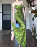 Green Sheath Spaghetti Strap Sequined Prom Dress Birthday Dress HZ1024