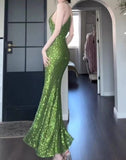 Green Sheath Spaghetti Strap Sequined Prom Dress Birthday Dress HZ1024
