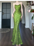 Green Sheath Spaghetti Strap Sequined Prom Dress Birthday Dress HZ1024