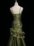Green Retro Mermaid Irregular Neckline Satin Beaded Long Prom Dress Birthday Graduation Prom Dress HZ1024