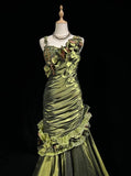 Green Retro Mermaid Irregular Neckline Satin Beaded Long Prom Dress Birthday Graduation Prom Dress HZ1024