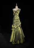 Green Retro Mermaid Irregular Neckline Satin Beaded Long Prom Dress Birthday Graduation Prom Dress HZ1024