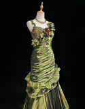 Green Retro Mermaid Irregular Neckline Satin Beaded Long Prom Dress Birthday Graduation Prom Dress HZ1024