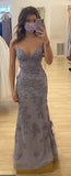 Grey Purple Mermaid Spaghetti Strap Tulle Lace Prom Dress HZ1024