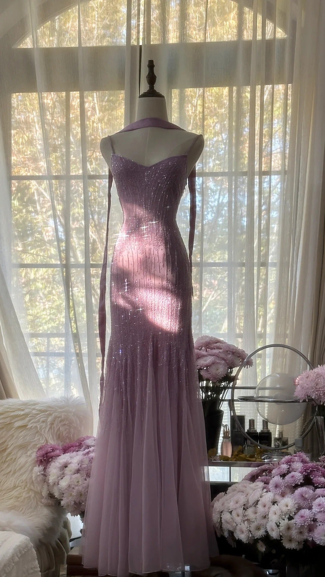 Spaghetti StrapsPurple Mermaid Wedding Guest Dresses Beaded Tulle Chiffon Long Prom Dresses HZ1024