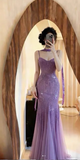 Spaghetti StrapsPurple Mermaid Wedding Guest Dresses Beaded Tulle Chiffon Long Prom Dresses HZ1024