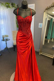 Green Spaghetti Straps Sequins Mermaid Appliqued Prom Dress With Split HZ1024