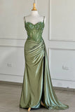 Green Spaghetti Straps Sequins Mermaid Appliqued Prom Dress With Split HZ1024