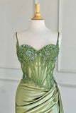 Green Spaghetti Straps Sequins Mermaid Appliqued Prom Dress With Split HZ1024