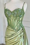 Green Spaghetti Straps Sequins Mermaid Appliqued Prom Dress With Split HZ1024