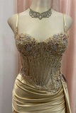 Green Spaghetti Straps Sequins Mermaid Appliqued Prom Dress With Split HZ1024
