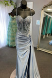 Green Spaghetti Straps Sequins Mermaid Appliqued Prom Dress With Split HZ1024