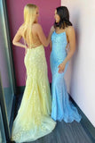 Blue A-Line Spaghetti Strap Backless Elegant Tulle Applique Long Prom Dress HZ1024