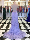 Blue A-Line Spaghetti Strap Backless Elegant Tulle Applique Long Prom Dress HZ1024