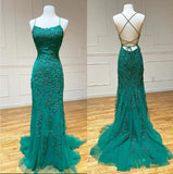 Blue A-Line Spaghetti Strap Backless Elegant Tulle Applique Long Prom Dress HZ1024