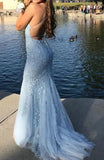Blue A-Line Spaghetti Strap Backless Elegant Tulle Applique Long Prom Dress HZ1024