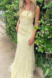 Blue A-Line Spaghetti Strap Backless Elegant Tulle Applique Long Prom Dress HZ1024