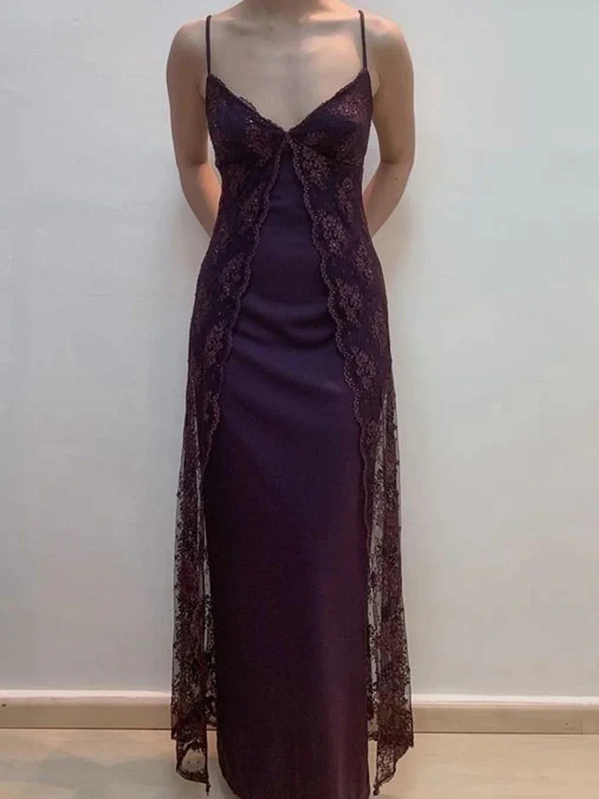 Y2K Grape Sheath Party Dress 90s Spaghetti Straps Lace Evening Dress HZ1024