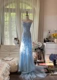 Blue A-Line Spaghetti Strap Backless Elegant Tulle Applique Long Prom Dress HZ1024
