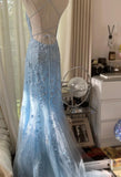 Blue A-Line Spaghetti Strap Backless Elegant Tulle Applique Long Prom Dress HZ1024