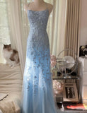 Blue A-Line Spaghetti Strap Backless Elegant Tulle Applique Long Prom Dress HZ1024