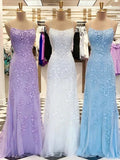 Blue A-Line Spaghetti Strap Backless Elegant Tulle Applique Long Prom Dress HZ1024