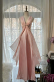 Pink Sheath Chiffon Ribbon V-neck Simple Prom Dress HZ1024