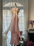 Pink Sheath Chiffon Ribbon V-neck Simple Prom Dress HZ1024