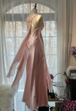 Pink Sheath Chiffon Ribbon V-neck Simple Prom Dress HZ1024