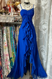 Black Chiffon Mermaid Party Dresses with Silt Spaghetti Straps Long Prom Dresses HZ1024