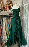 Black Chiffon Mermaid Party Dresses with Silt Spaghetti Straps Long Prom Dresses HZ1024