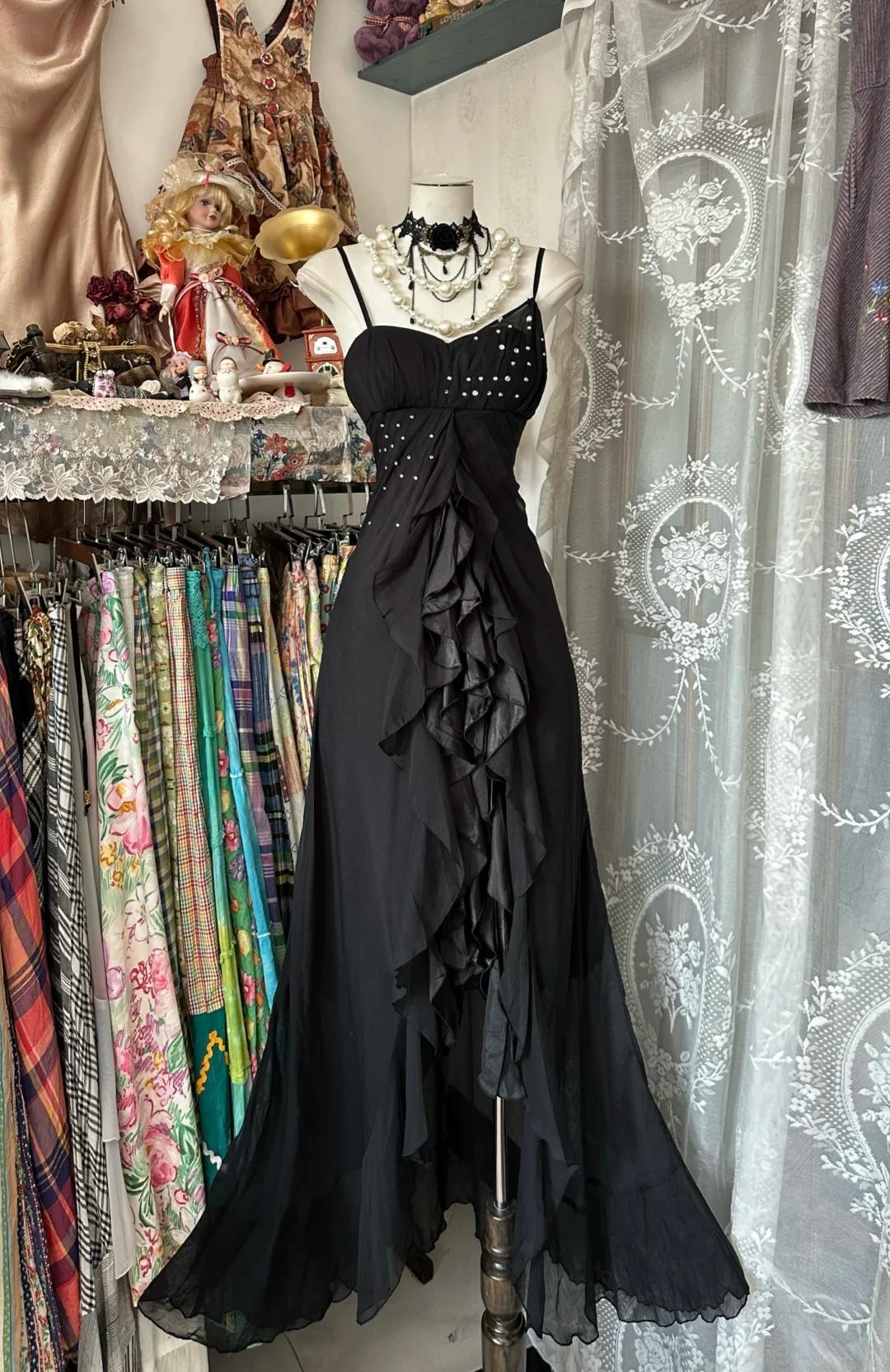 Black Chiffon Mermaid Party Dresses with Silt Spaghetti Straps Long Prom Dresses HZ1024