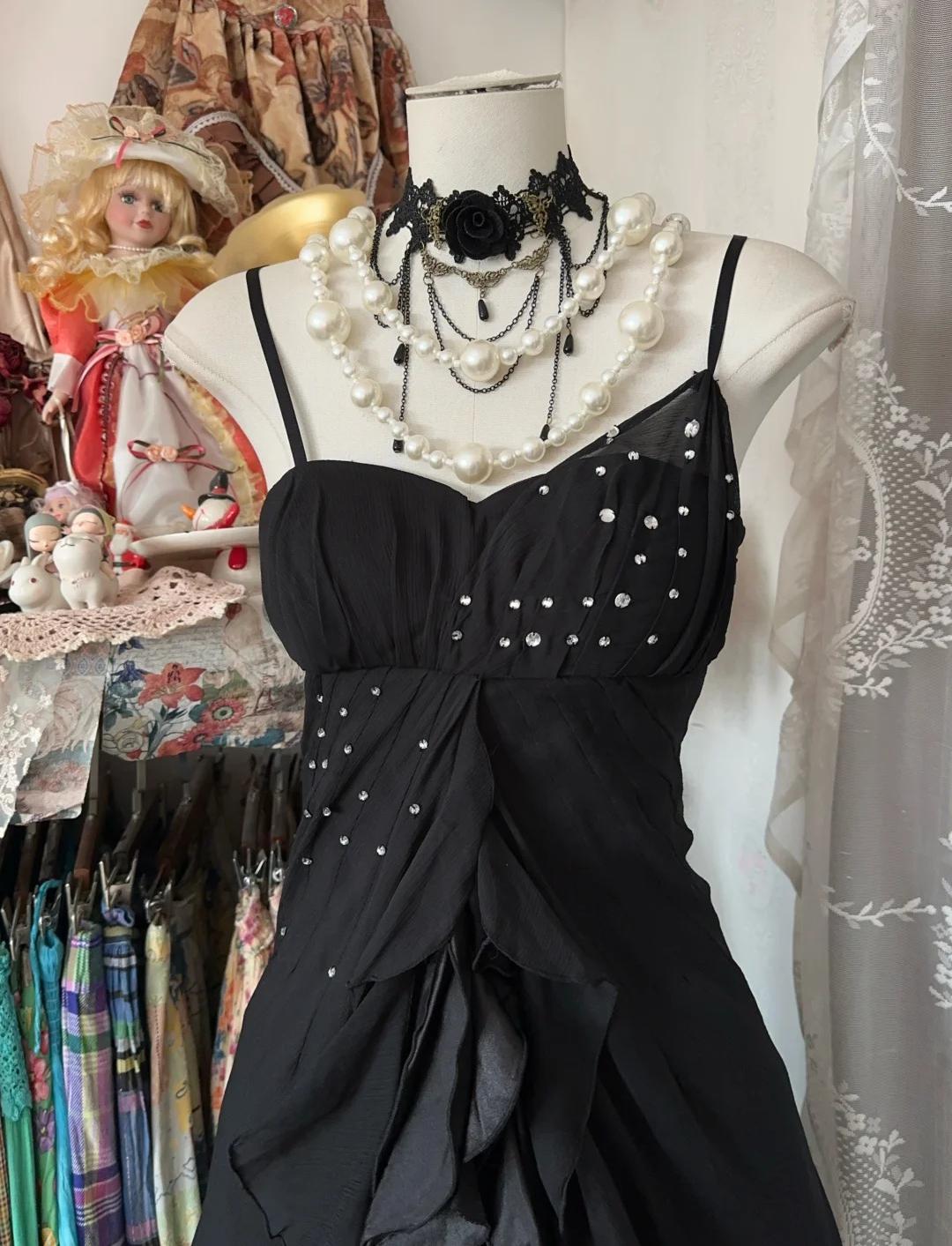 Black Chiffon Mermaid Party Dresses with Silt Spaghetti Straps Long Prom Dresses HZ1024