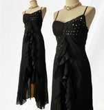 Black Chiffon Mermaid Party Dresses with Silt Spaghetti Straps Long Prom Dresses HZ1024