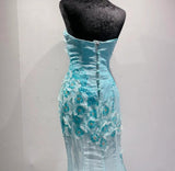 Blue Ombre Mermaid Strapless Chiffon Long Evening Dress Appliques Beading Formal Prom Dress Graduation Dress HZ1024