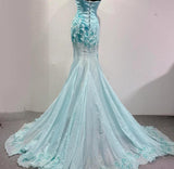 Blue Ombre Mermaid Strapless Chiffon Long Evening Dress Appliques Beading Formal Prom Dress Graduation Dress HZ1024