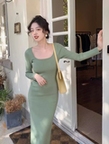 retro square neck knitted dress HZ1024