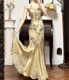 Mermaid Halter Satin Beaded Applique Prom Dress HZ1024