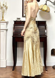 Mermaid Halter Satin Beaded Applique Prom Dress HZ1024