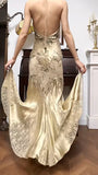 Mermaid Halter Satin Beaded Applique Prom Dress HZ1024