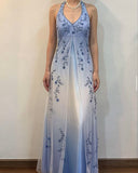 Gradient Purple Sheath Halter Neck Satin Prom Dress with Beaded Appliques HZ1024