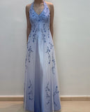Gradient Purple Sheath Halter Neck Satin Prom Dress with Beaded Appliques HZ1024
