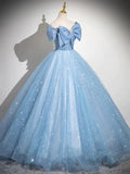 Blue A-Line Off Shoulder Tulle Sequins Long Prom Dress Evening Dress HZ1024
