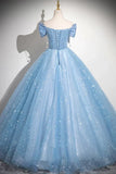 Blue A-Line Off Shoulder Tulle Sequins Long Prom Dress Evening Dress HZ1024