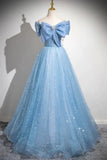 Blue A-Line Off Shoulder Tulle Sequins Long Prom Dress Evening Dress HZ1024
