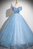 Blue A-Line Off Shoulder Tulle Sequins Long Prom Dress Evening Dress HZ1024